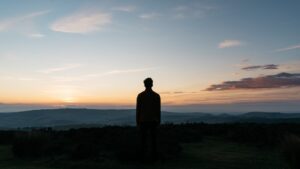 silhouette of man standing on a quiet green grass field during sunset