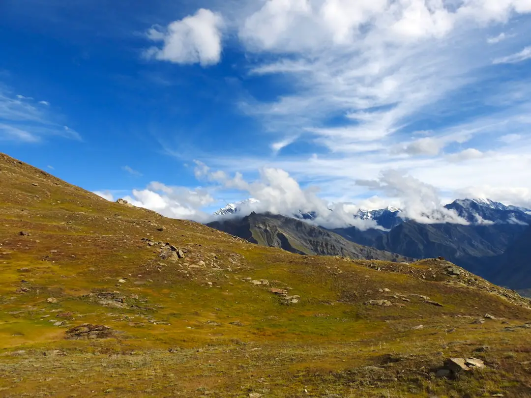 A view of a grassy hill with mountains in the background