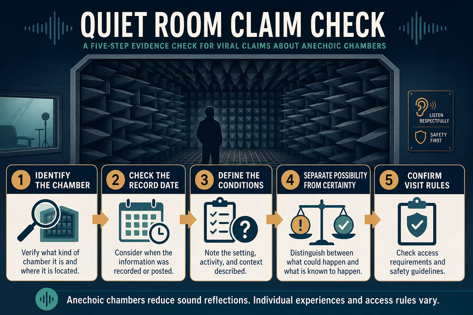 Five-step evidence check for evaluating claims about anechoic chambers and quiet-room experiences