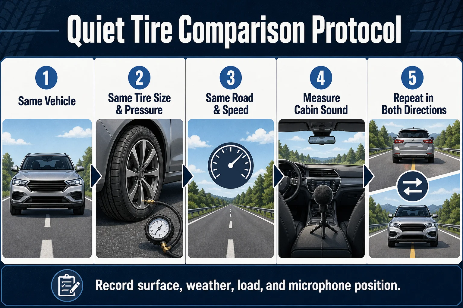 Five-step quiet tire comparison protocol using the same vehicle, tire size and pressure, road and speed, cabin sound measurement, and repeat runs in both directions