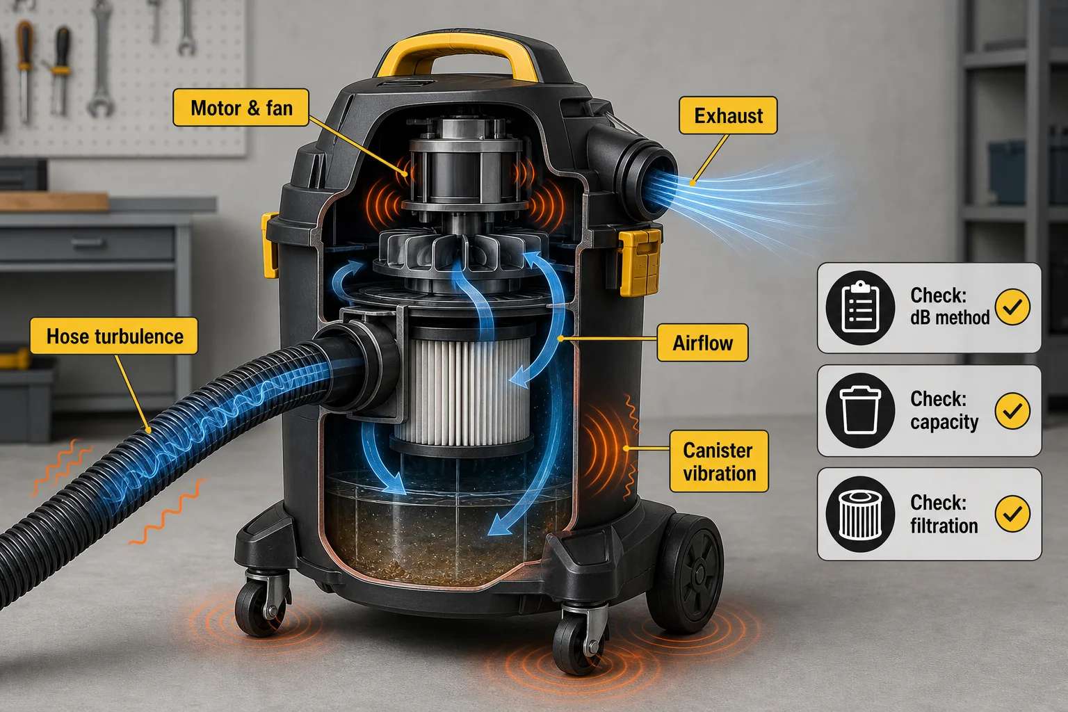 Cutaway shop vacuum diagram showing motor, airflow, canister vibration, hose turbulence, exhaust, and buying checks