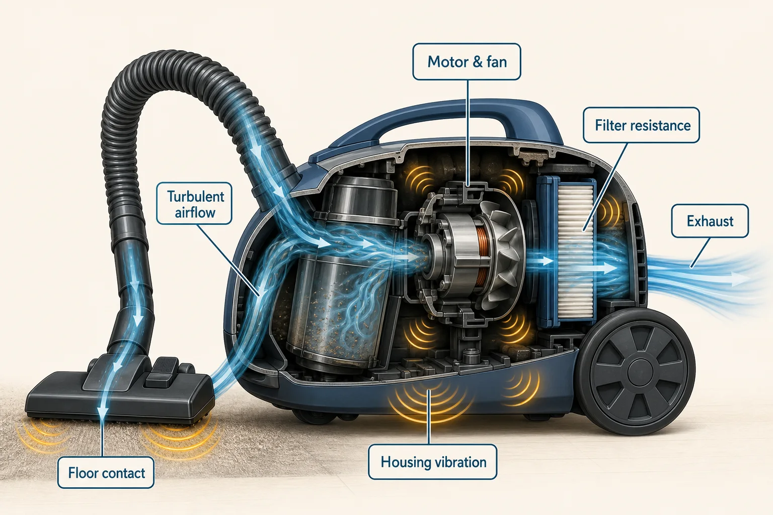 Cutaway diagram of a vacuum cleaner showing motor and fan noise, turbulent airflow, filter resistance, housing vibration, floor contact, and exhaust