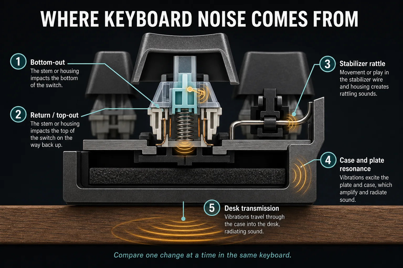 Cutaway diagram showing bottom-out, top-out, stabilizer rattle, case and plate resonance, and desk transmission as sources of mechanical keyboard noise