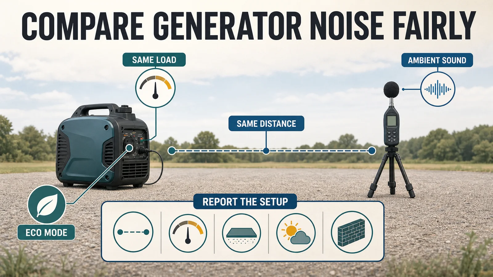 Generator and sound level meter arranged at a fixed distance with a consistent-load and reporting checklist