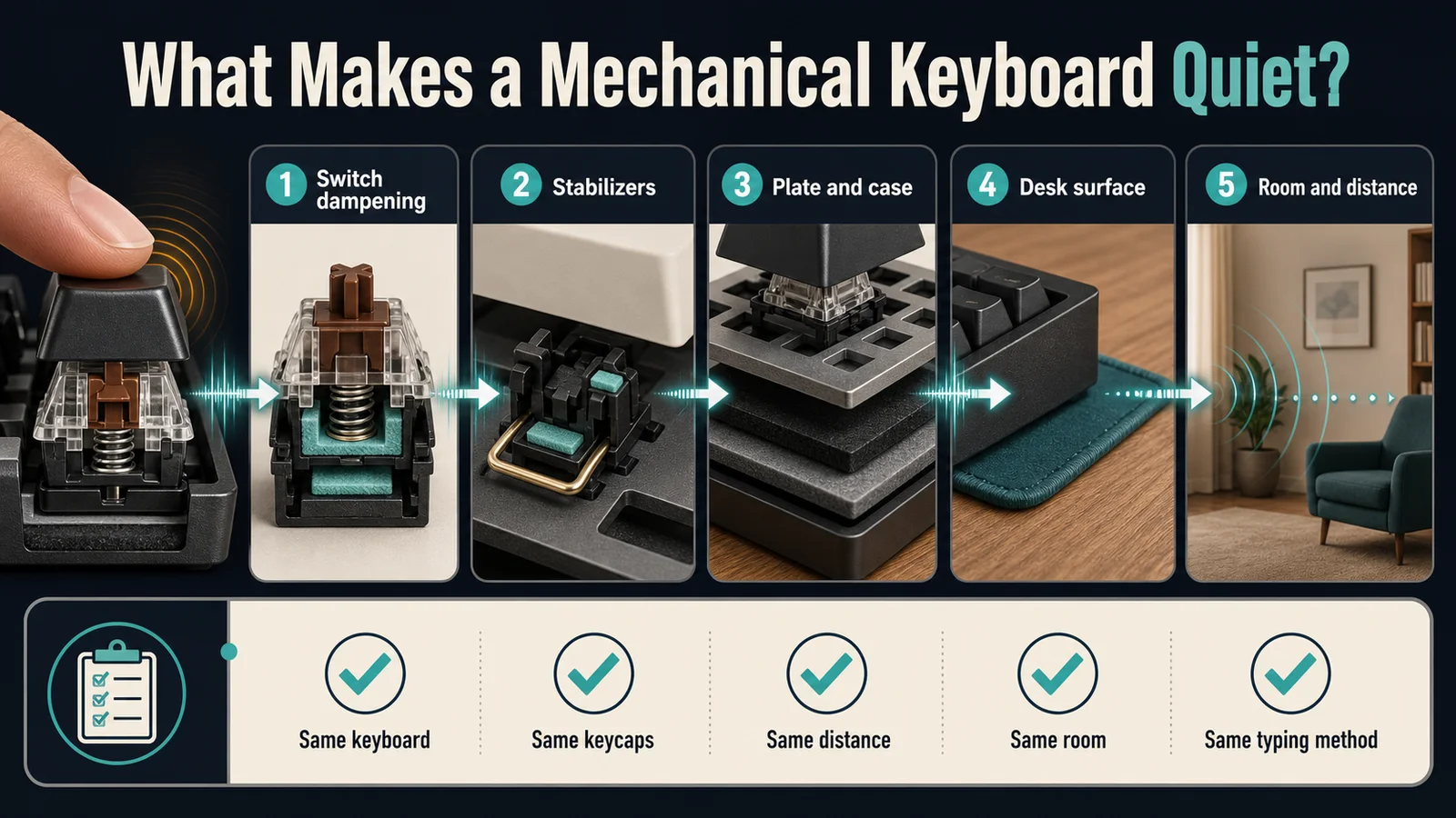 Diagram showing switch dampening, stabilizers, plate and case, desk surface, and room distance as factors in mechanical keyboard noise